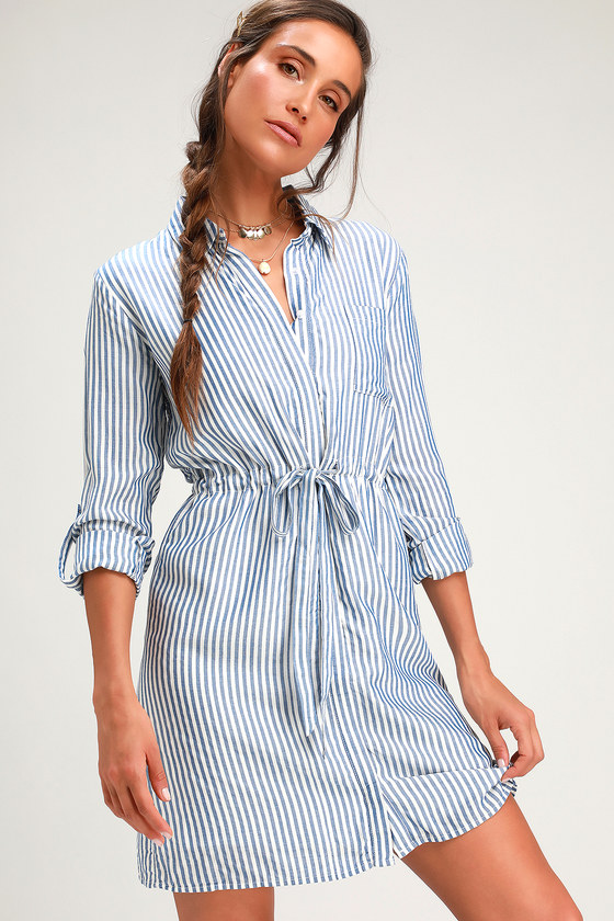 Cute Striped Shirt Dress - Blue and ...